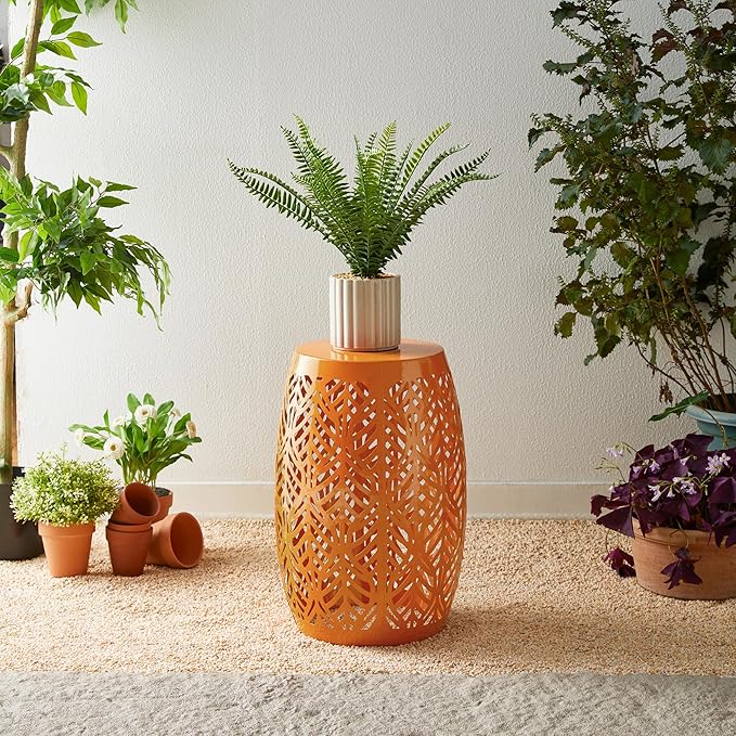 Glitzhome Set of 2 Outdoor Side Table with Leaf Pattern Solar Powered Light, 18.25" H Iron Cutout Drum Garden Stool Solar Decorative Lanterns, Metal End Table Plant Stand for Indoor Outdoor, Orange