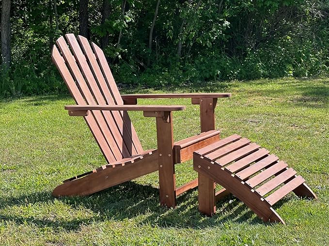 Solid Acacia Wood Adirondack Chair with Footstool Ottoman Accent Furniture for Yard,Patio,Garden,Lawn w/Natural Finish