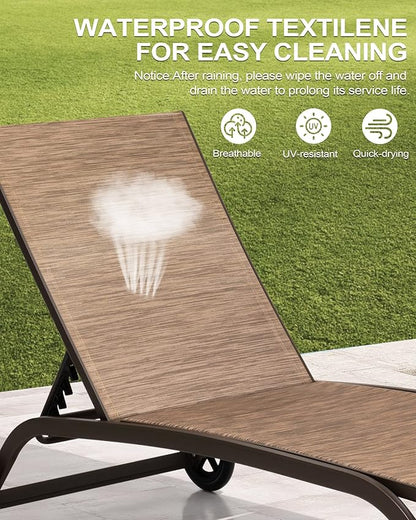 Crestlive Products Outdoor Chaise Lounge Chairs with Wheels Set of 2, Pool Lounge Chairs with 5 Adjustable Position for Patio, Poolside, Yard, Brown