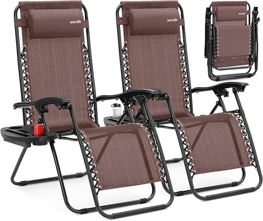SereneLife Set of 2 Adjustable Steel Mesh Zero Gravity Lounge Chair Recliners w/Pillows and Cup Holder Trays - Brown