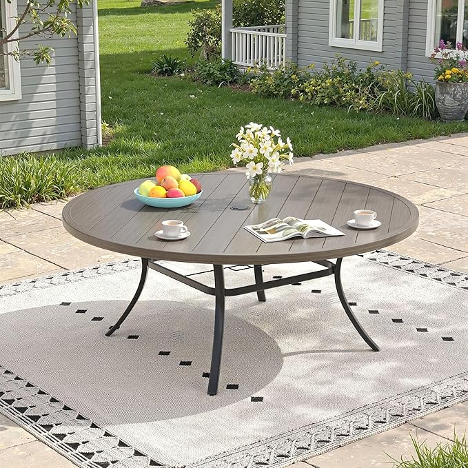 Outdoor Dining Table for 8, 63" Round Outdoor Table with Adjustable Umbrella Hole, All-Weather Metal Patio Dining Table for Lawn Garden Backyard Deck, Grey