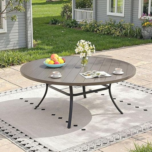 Outdoor Dining Table for 8, 63" Round Outdoor Table with Adjustable Umbrella Hole, All-Weather Metal Patio Dining Table for Lawn Garden Backyard Deck, Grey
