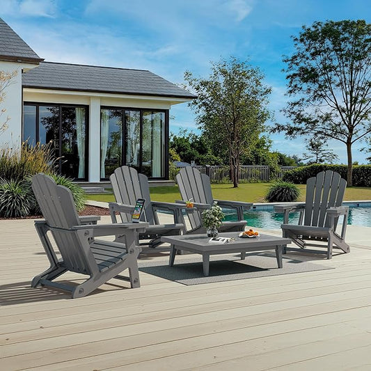 PURPLE LEAF Adirondack Chair Set of 4 HDPE All-Weather Outdoor Fire Pit Chair with 24.6" Oversized Seat Wood-Textured Patio Adirondack Chair with Dual Cup Holders for Garden Deck Backyard, Gray