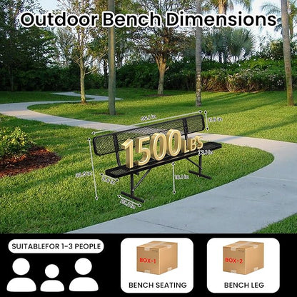 8 FT Heavy Duty Metal Park Bench for Outside, Black Bench with Backrest,4-6 Person Seat, Outdoor Commercial Metal Mesh Benches for Shopping Mall, Lawn, Park, Deck, Garden, Patio, Porch