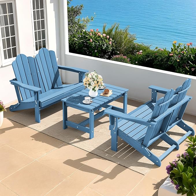 SERWALL Folding Adirondack Bench, HDPE All-Weather Adirondack Loveseat Set of 2, Navy - Photo 9