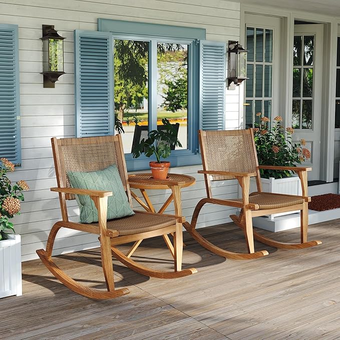 Merax 2-Piece Patio Rocking Chair Set, Acacia Wood Outdoor Rockers with PE Wicker Rattan Seat & Backrest - Photo 3