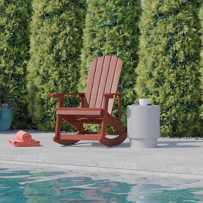 Flash Furniture Savannah Poly Resin Wood Adirondack Rocking Chair - All Weather Red Polystyrene - Stainless Steel Hardware