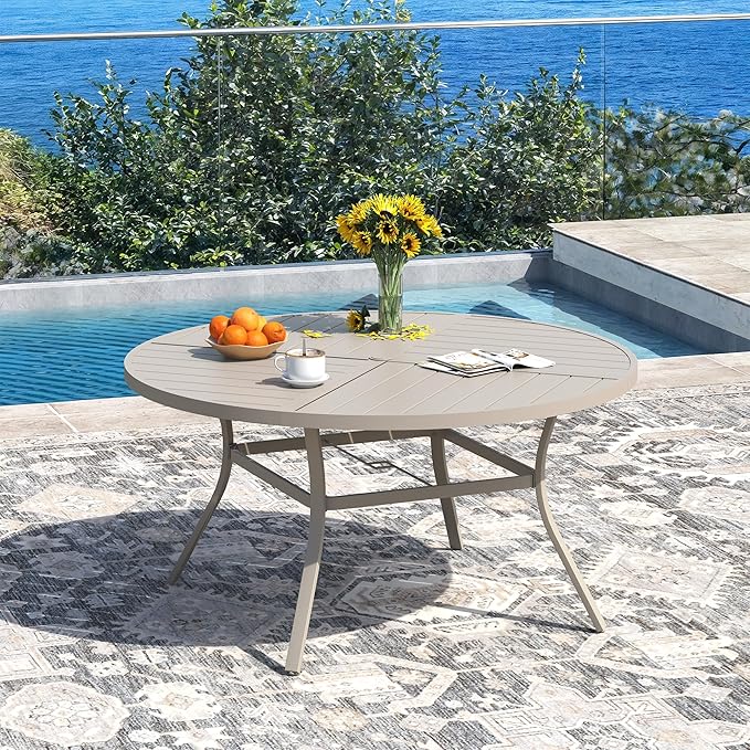 DIFY 50" Round Outdoor Patio Dining Table for 6, All-Weather Metal Steel Slatted Patio Table with 1.57" Adjustable Umbrella Hole, for Lawn Garden Porch Backyard, Sandshell