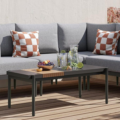Sundale Outdoor Modern Metal Outdoor Coffee Table with Slatted Wood-Look Tabletop Design, Weather-Resistant Patio Side Table for Garden, Balcony, Poolside(Gray)