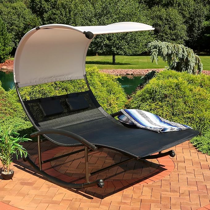 Sunnydaze Outdoor Double Chaise Rocking Lounge Chair with Canopy and Headrest Pillows - Black and White with Powder-Coated Frame