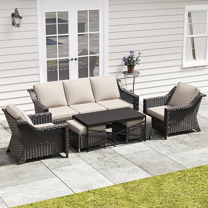 6 Pieces Outdoor Conversation Furniture Set - 77" Patio Sofa, 2 Armchairs, 2 Ottomans, 1 Metal Table - Photo 5