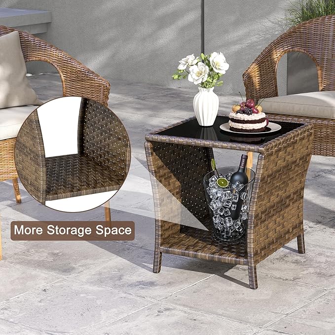 Outdoor Wicker Side Table, Set of 2 Rattan Side Tables End Table for Patio with Glass Top Rattan Storage for Patio Garden Balcony
