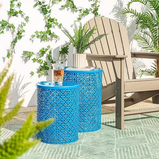 Glitzhome Outdoor Side Table Set of 2, Decorative Garden Stool for Patio Heavy Duty Metal Frame Accent Table Modern End Table, Glossy Blue