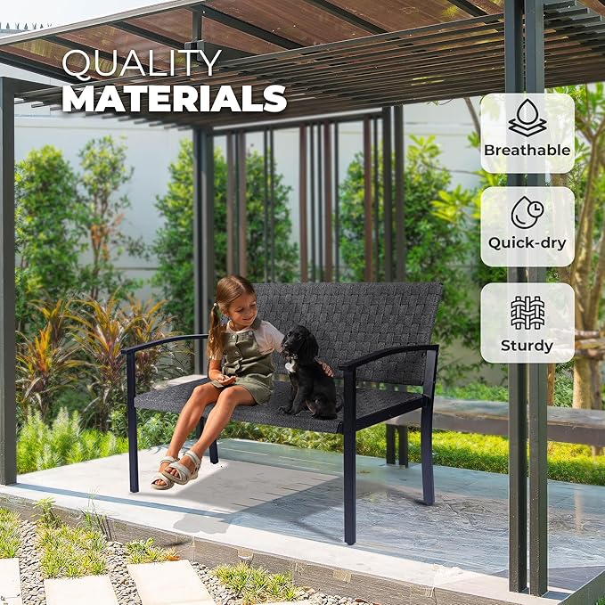 Chelsea Olive Patio Loveseat All-Weather Rope Outdoor Bench with Metal Armrest, Patio Outdoor Furniture Ideal Garden Bench for Balcony, Lawn, Backyard and Deck (Grey)