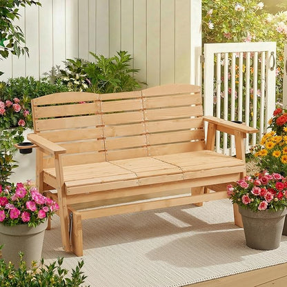 HOMREST Outdoor Glider Bench, Oversized Glider Bench with Foldable Seatback, Wooden Patio Glider Loveseat with High Back, Cupholders, Heavy Duty 800LBS Suitable for 3 Persons, Natural