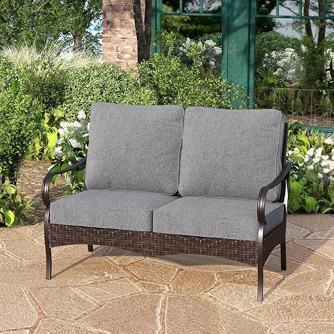 PHI VILLA Wicker & Metal Outdoor 2-Seat Patio Couch, Patio Sofa Loveseat with Deep Seating for Front Porch, Deck - Photo 1
