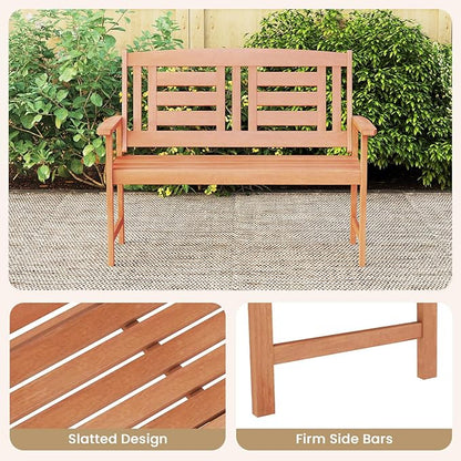Tangkula Patio Wood Bench, Garden Armrest Loveseat with Inclined Backrest, Wood Grain, Teak Oil Finish, Outdoor 2-Person Bench for Front Porch, Garden, Backyard, Balcony