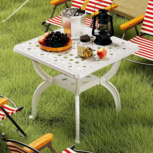 Square Outdoor Coffee Table, Cast Aluminum Side Table with Storage,Indoor End Table, All-Weather Bistro Table for Patio Garden Lawn,White
