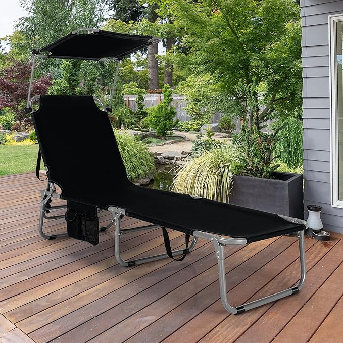 GYMAX Beach Chair with Canopy Shade, Folding Tanning Lounge with Adjustable Backrest, Carry Handle & Side Pocket - Photo 8