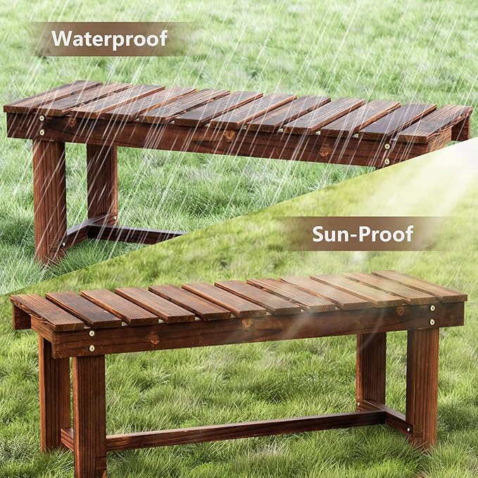 47.2" Outdoor Garden Bench, Weatherproof Patio Benches 3-Person Seat Backless Wooden Porch Bench - Photo 4