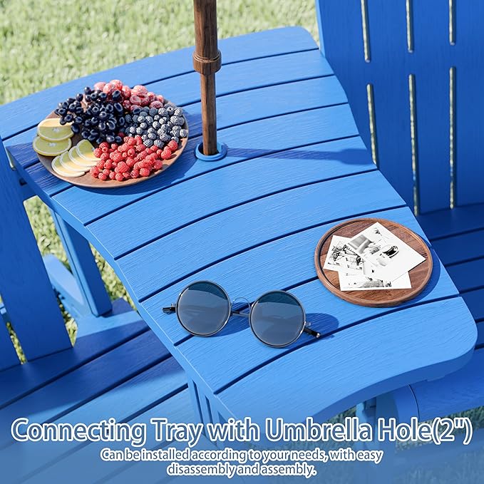 Shintenchi Adirondack Chair Set of 2,HDPE Adirondack Chairs with Umbrella Hole Connecting Tray & 2 Curved Ottoman,Plastic Outdoor Chairs with Cup Holders for Garden Backyard Pool,Blue