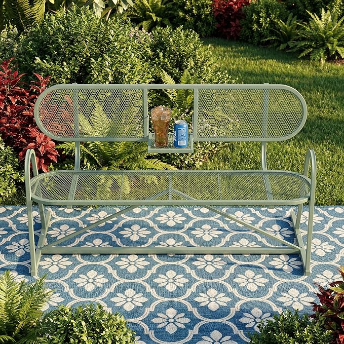 Outdoor Bench, Metal Mesh Garden Bench with Foldable Middle Table, 55" Weather Resistant Patio Park for 2-3 People, Decorative Porch Chair for Yard, Deck, and Lawn, Sage Green