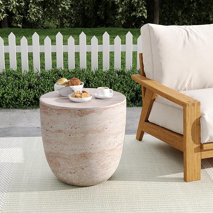 Outdoor Side Table Faux Marble End Table Faux Stone Side Tables Travertine Small Coffee Tables for Indoor Outdoor, Garden Stool Plant Stand for Porch, Backyard Patio, Bowl