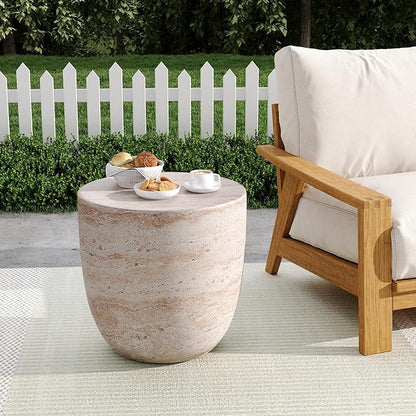 Outdoor Side Table Faux Marble End Table Faux Stone Side Tables Travertine Small Coffee Tables for Indoor Outdoor, Garden Stool Plant Stand for Porch, Backyard Patio, Bowl