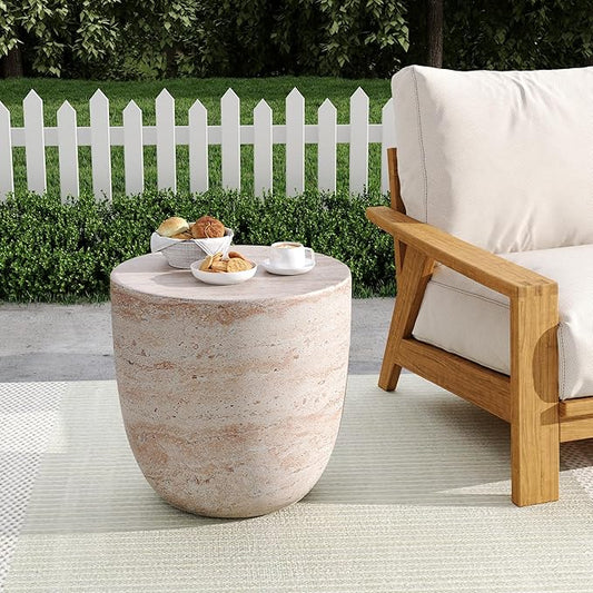 Outdoor Side Table Faux Marble End Table Faux Stone Side Tables Travertine Small Coffee Tables for Indoor Outdoor, Garden Stool Plant Stand for Porch, Backyard Patio, Bowl