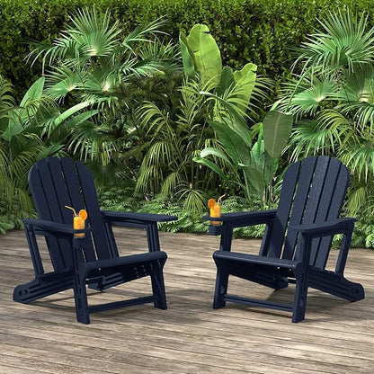 Costaelm Cayman Hardware-Free Assembly Outdoor Patio HDPE Poly Plastic Adirondack Chair with Cup Holder (Set of 2), Navy Blue