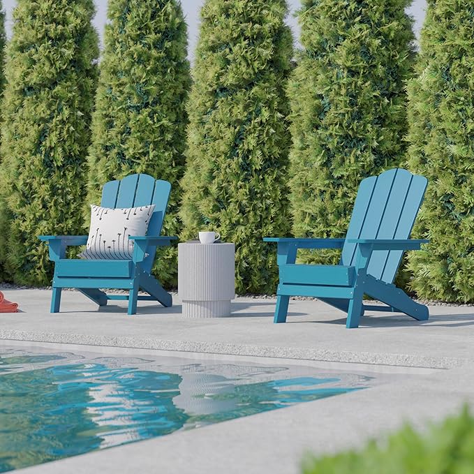 Flash Furniture Newport Adirondack Chairs with Cup Holders, Weather Resistant Poly Resin Adirondack Chairs, Set of 4, Blue