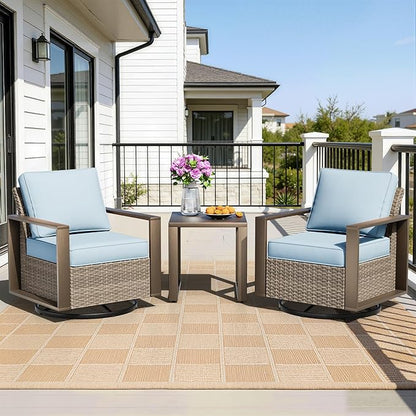Outdoor Swivel Rocker Metal Chairs Set of 2 with Small Coffee Table - 3 Pieces Patio Bistro Set with Rectangular Framed Wood-Looking Metal Armrest, 360 Degree Glider Chairs, Baby Blue