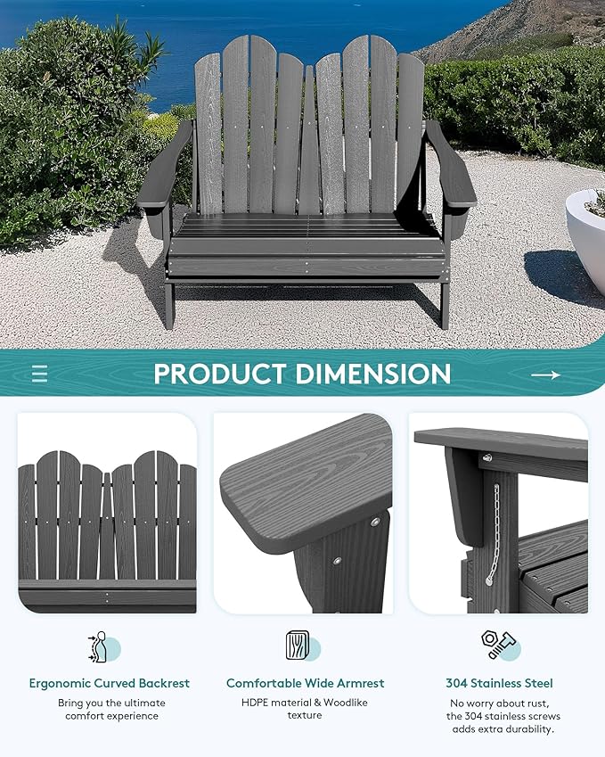 SERWALL Adirondack Bench, HDPE All-Weather Adirondack Loveseat, Outdoor Adirondack Chair for 2, Grey - Photo 6