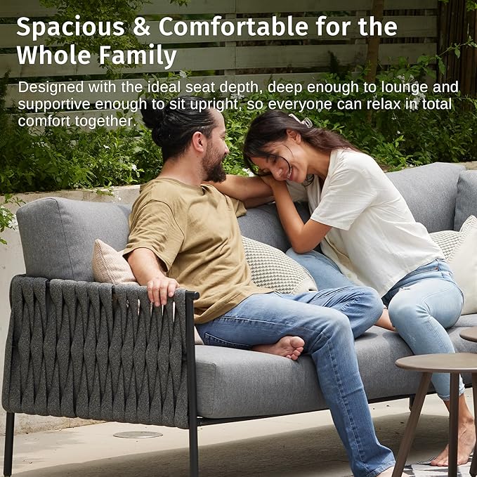 East Oak Life Chatter Outdoor Patio Furniture | Outdoor Sofa 3 Seats with Waterproof Thick Cushions | Deep Seating Modern Patio Sofa for Garden, Porch, Balcony & Backyard | Misty Grey