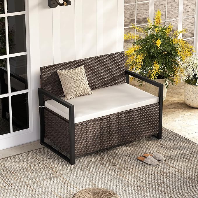 RELAX4LIFE Wicker Outdoor Bench with Storage - Rattan Deck Box w/Protective Liner for Pillows, Pool Supplies - Photo 8