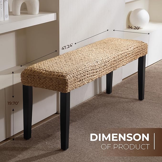 End of Bed Bench for Bedroom, 47" Entryway Bench with Solid Wood Acacia, Water Hyacinth Indoor Bench Seat - Photo 2