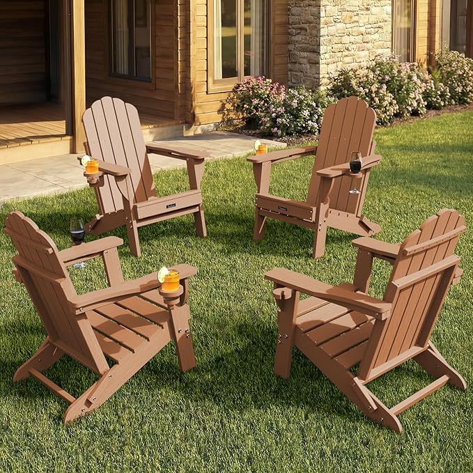 Adirondack Chairs Set of 4, HDPE Material Fire Pit Chairs, Plastic Adirondack Chairs with 2 Cup Holder, Outdoor Lawn Chair for Patio Garden, Teak