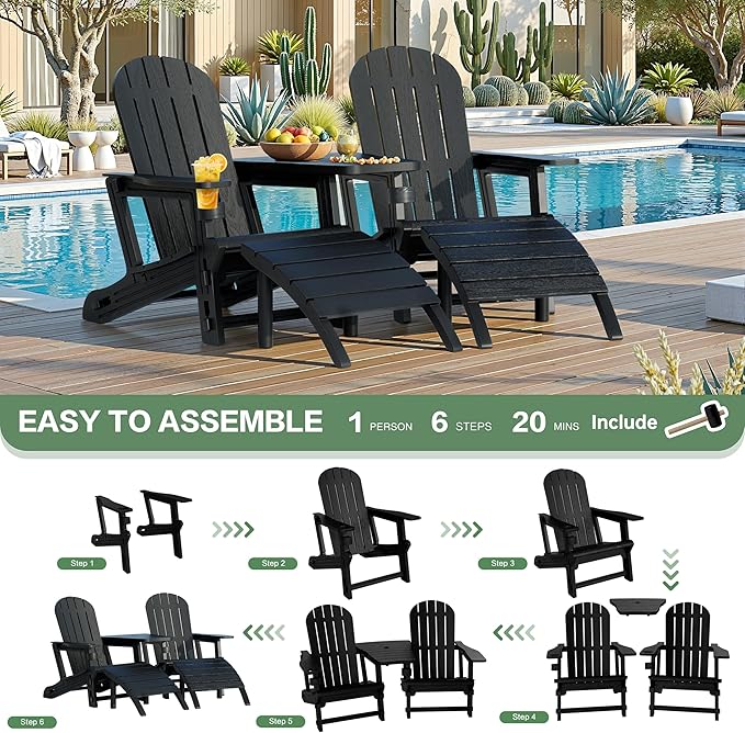 JY QAQA Outdoor Adirondack Chair Set of 2 with Detachable Table & Ottoman, All-Weather HDPE Patio Furniture with Wood Texture & Cup Holder for Patio, Poolside, Garden, Black