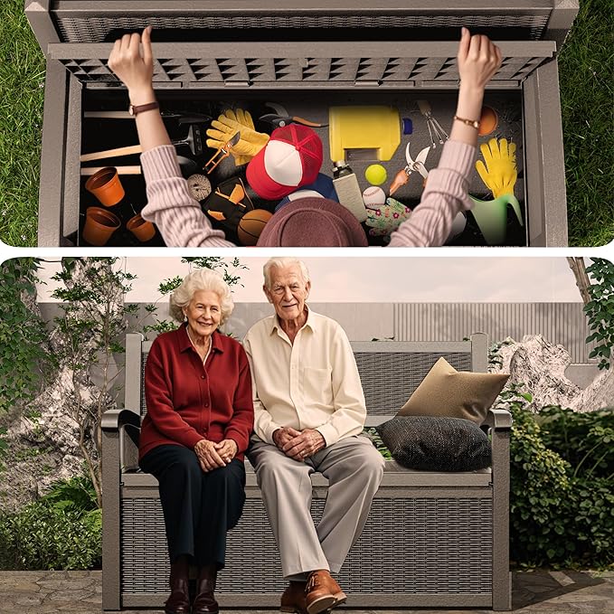 Vixzen 80 Gallon Outdoor Storage Bench Deck Box, Lockable All-Weather Resin Seating with Hidden Storage, Waterproof Patio Furniture for Garden, Pool, Gray