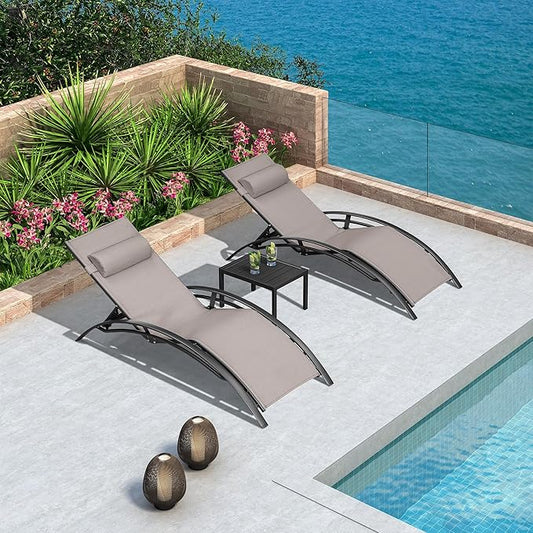 PURPLE LEAF Patio Chaise Lounge Chair Set with 2 Side Table Outdoor Pool Adjustable Recliner Chairs for Outside Beach Poolside Sunbathing Tanning Lounger