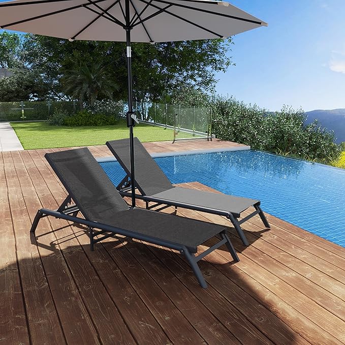 Outdoor Chaise Lounge Chairs Set of 2, No Assembly Required, 5-Position Adjustable Backrest, Foldable Lightweight Patio Lounge for Poolside, Deck, Lawn & Beach, Dark Grey