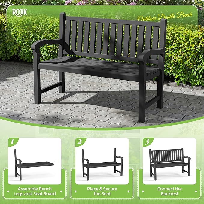 ROJIK Outdoor Bench Resin Patio Chairs Waterproof 2-Person Slatted Chairs with Sturdy Frame - Photo 6