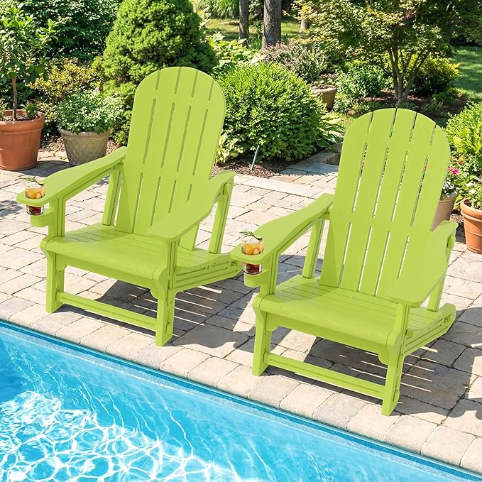 Shintenchi Adirondack Chairs Set of 2,HDPE Adirondack Chairs w/Removable Tablelop & Umbrella Hole,All-Weather Wooden Textured Plastic Outdoor Chairs w/Cup Holders for Garden Backyard Pool,Green
