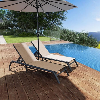 Outdoor Chaise Lounge Chairs Set of 2, No Assembly Required, 5-Position Adjustable Backrest, Foldable Lightweight Patio Lounge for Poolside, Deck, Lawn & Beach, Khaki
