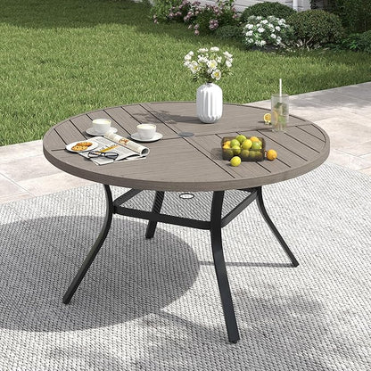VICLLAX 40.6" Round Patio Table with Umbrella Hole, All Weather Metal Outdoor Dining Table for 4, Outside Table with Storage Shelf for Lawn Garden, Grey Wood-Grain Finish