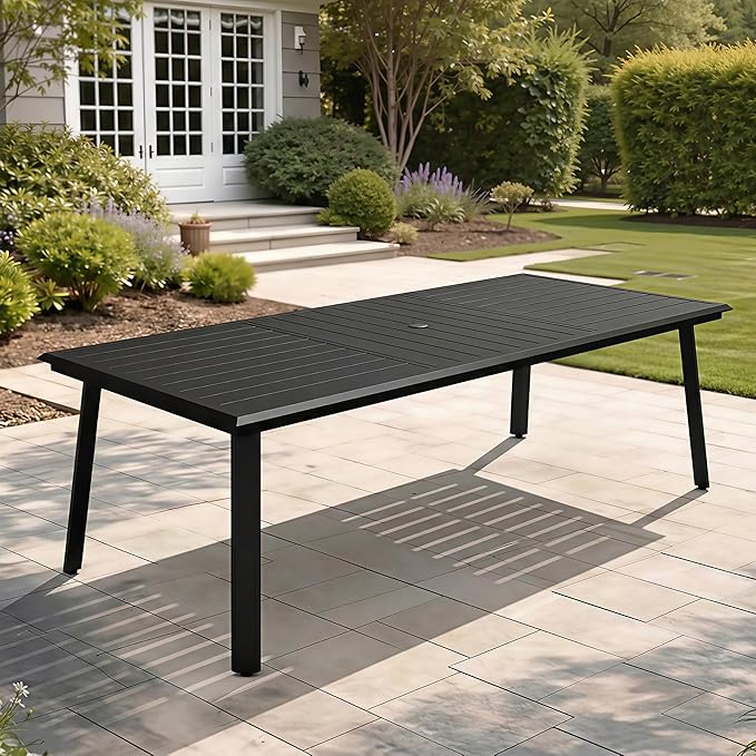 94" Outdoor Dining Table for 10 Black Aluminum Long Patio Table with Umbrella Hole All Weather Rectangle Table for Lawn - Photo 1