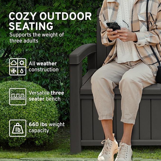 EconoHome 3 Seat Outdoor Storage Bench with Rain Cover - 90 Gallon Capacity - Weatherproof Resin Bench for Patio, Porch - Photo 4