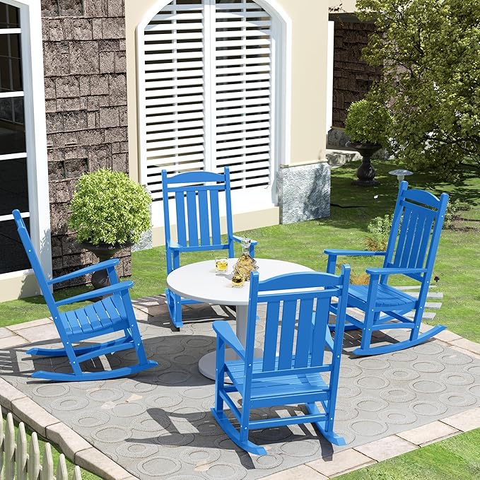 Costaelm Oversized Outdoor Rocking Chair, High Back Porch Rocker Chair, HDPE All Weather Resistant Outdoor Seating Furniture Wide Rocker Chair for Patio, Lawn, Garden, Pacific Blue