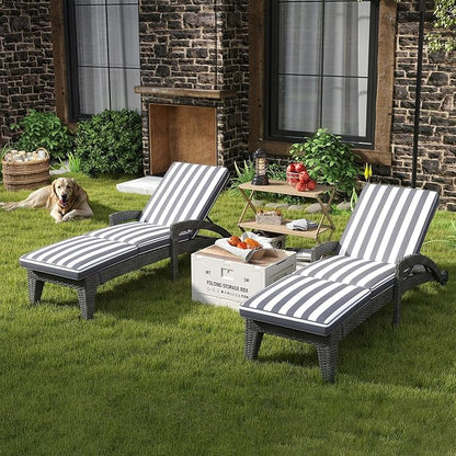 Chaise Lounge Chairs Set of 2, Upholstered 5-Positions Adjustable Pool Loungers, 80" Long Wicker Outdoor Lounge Chairs, Patio Chaise Lounges with Wheels for Sunbathing/Deck/Yard, Stripe