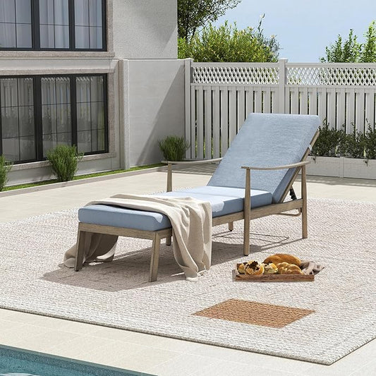 HAPPATIO Outdoor Chaise Lounge Chair - Aluminum Pool Lounge Chair with Adjustable Backrest and Cushion, Curved Armrest, Outdoor Chaise Lounge for Beach, Yard, or Poolside (Brown)